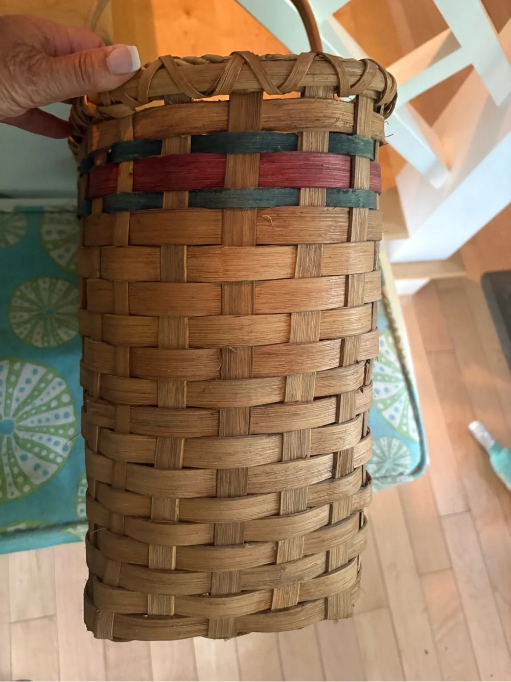 Handwoven Tan Basket 🧺 with Red & Green Trim